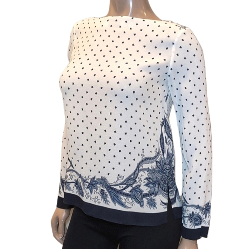 3/$20 Zara Batik Print Blouse Long Sleeve Floral Border Side Slit Ecru Navy Top